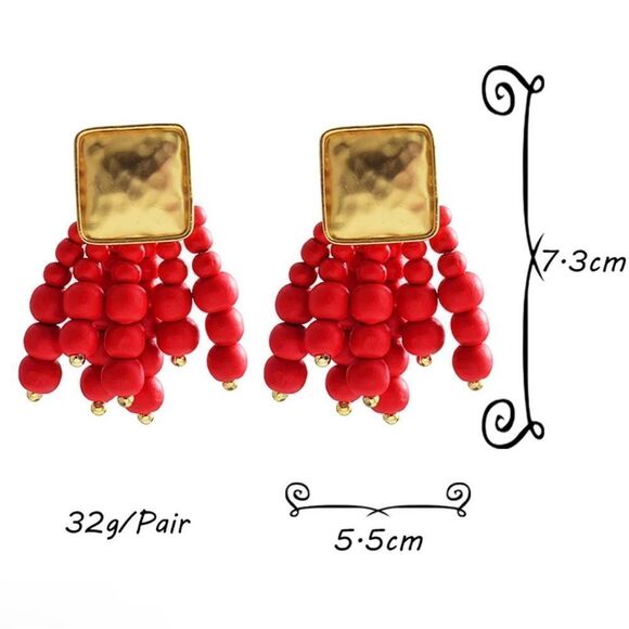 New Wooden, Exaggerated Red Earrings Oversize Beaded Earrings - Picture 4 of 4